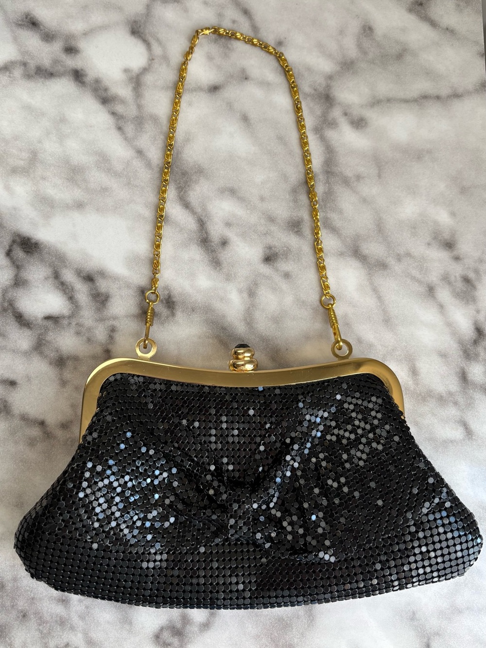 Black Metal Mesh Evening Bag Gold Frame Bow Chain Purse